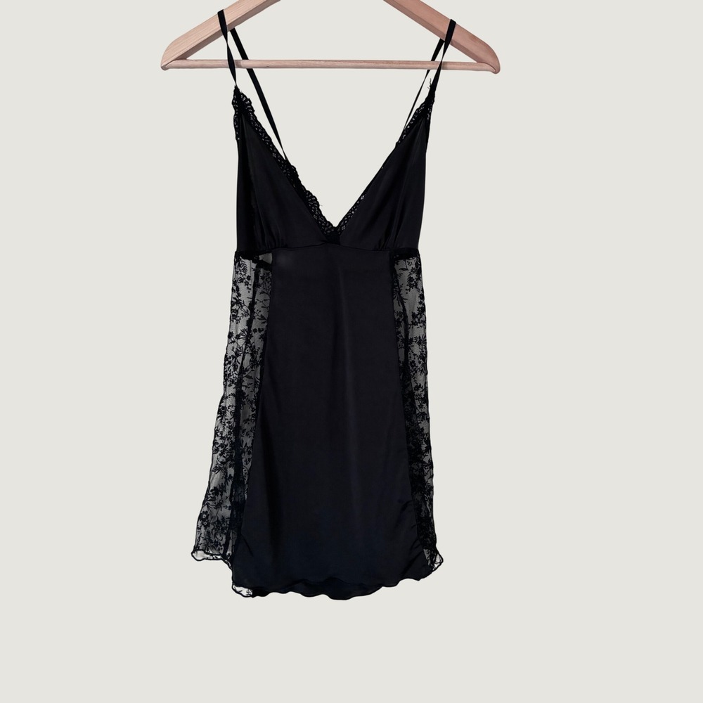 Black Lace Trim V-Neck Chemise Nightgown Sheer‎ Side Panels Sleepwear Medium